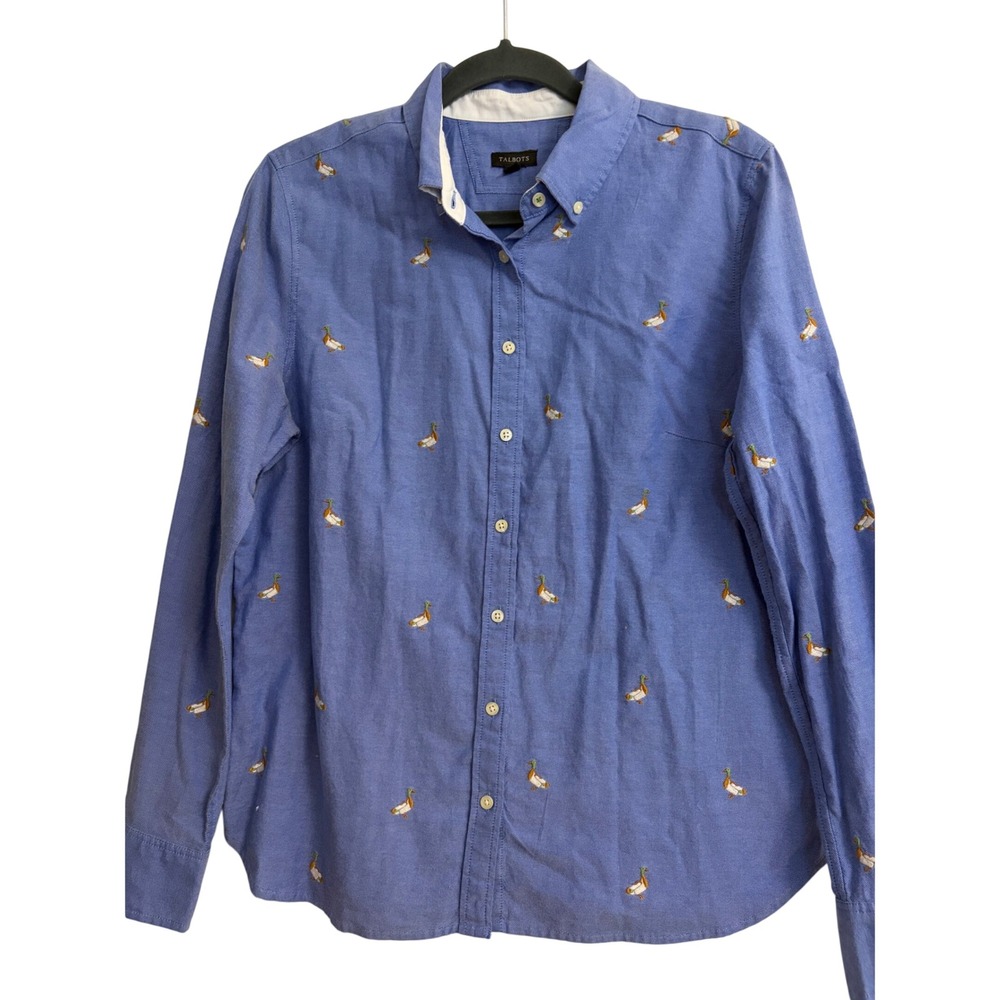 Talbots Oxford Shirt 10 Blue, Mallard Duck, Embroidered, Preppy, Cotton, Classic